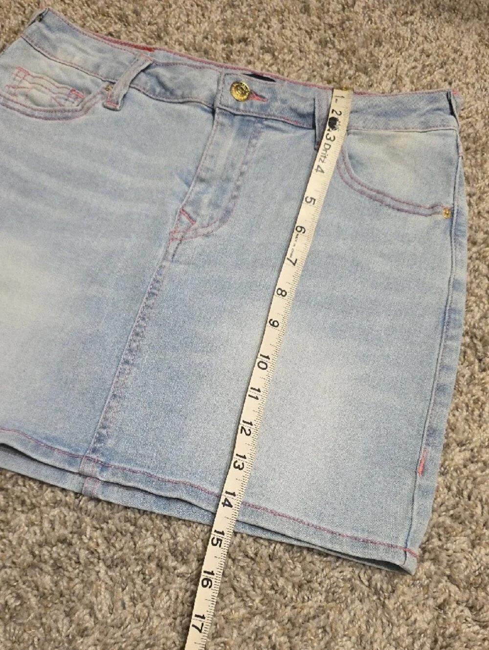 NWT True Religion Light Wash Denim Mini Skirt w/ Pink Stitching